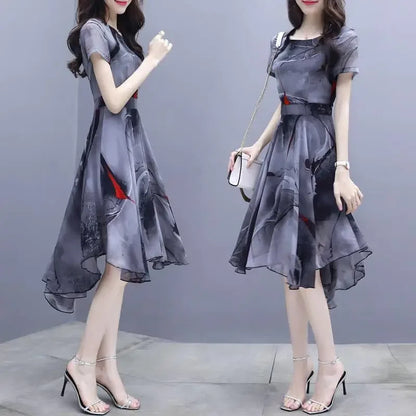 Summer New Women Short Sleeve Korean Elegant Ventilate Spliced Slim Printed Asymmetrical Dovetail Round Neck A-line Dresses B50