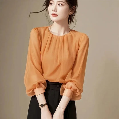 Autumn Winter Ladies Solid Color Blouse Jacket 2025 Female Long Sleeves Tops Coat Korean Women Fashion Round Neck Chiffon Shirt