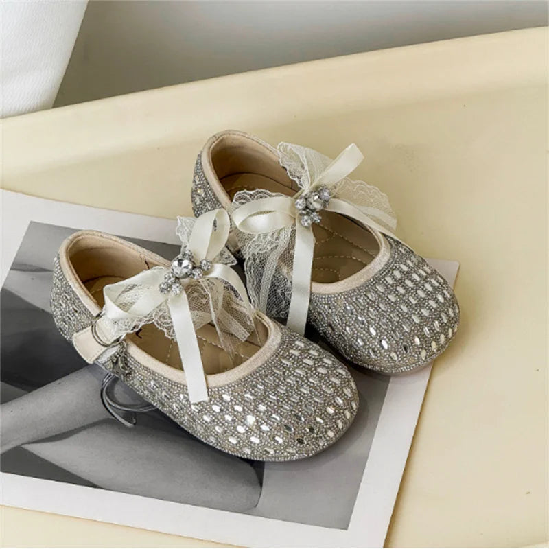 Children Shoes For Girls Leather Bow Rhinestone Princess Shoes Soft Sole Outdoor Fashion Kids Sneakers EU 26-33
