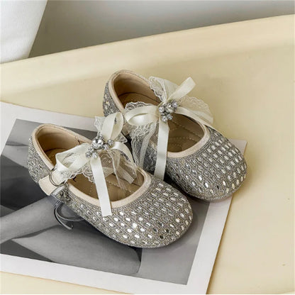 Children Shoes For Girls Leather Bow Rhinestone Princess Shoes Soft Sole Outdoor Fashion Kids Sneakers EU 26-33