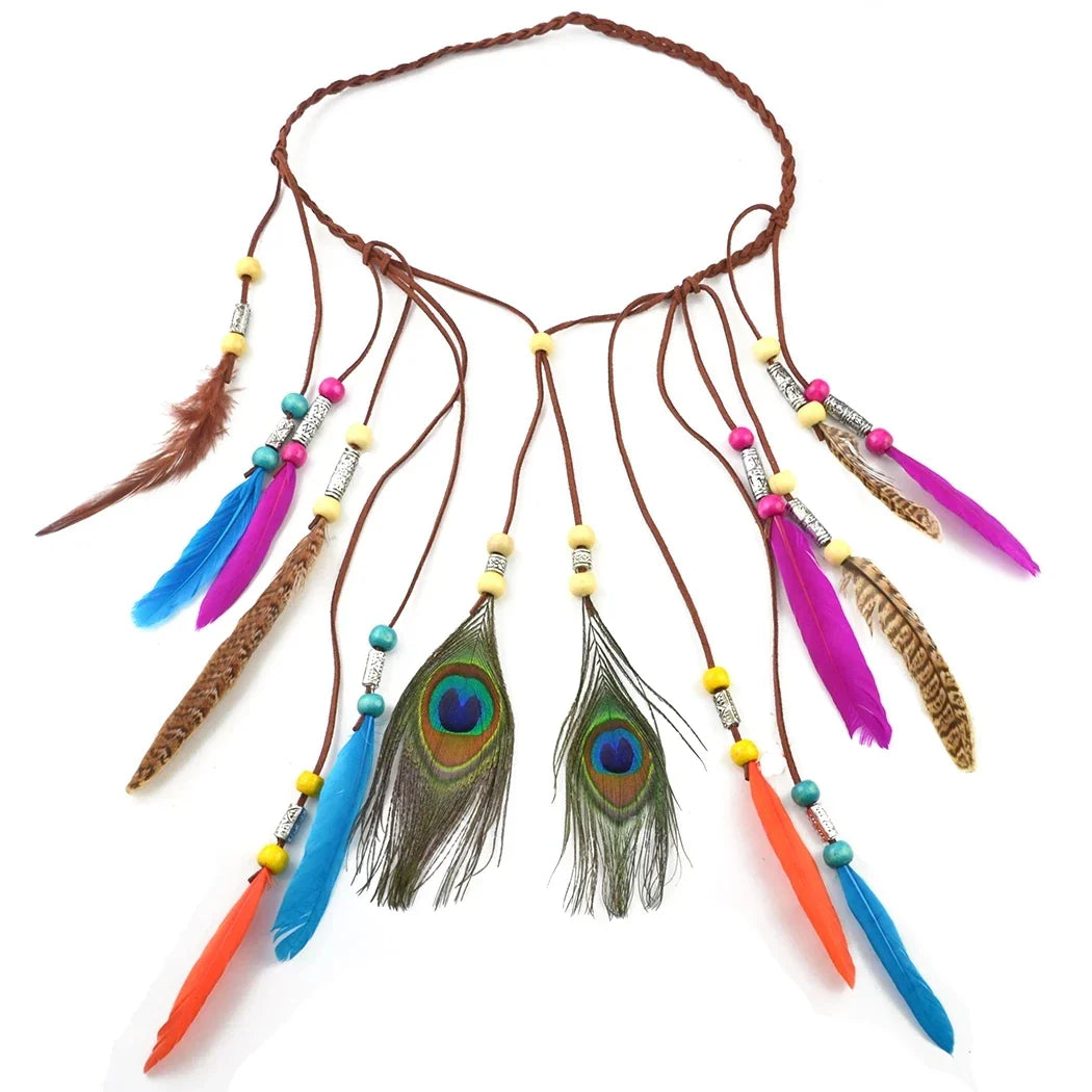 Gypsy Fashion Beautiful Boho Style Feather Headband Headdress Tribal Hair Feather Rope Headpieces Hippie Party