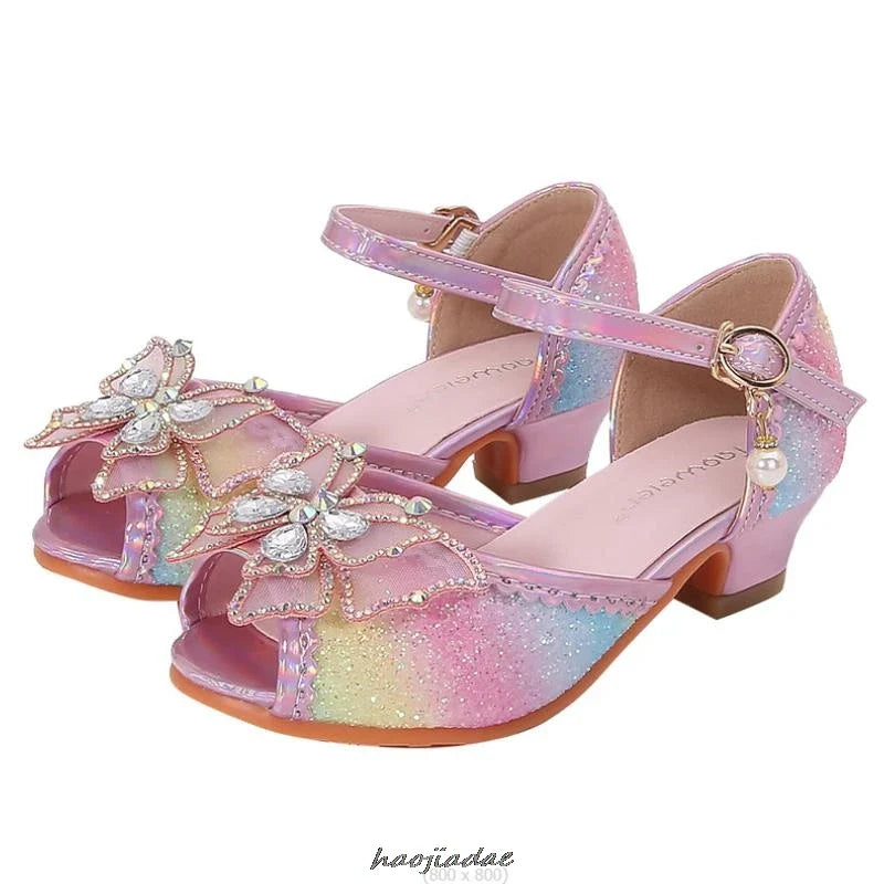 Summer High Heels Shoes for Girls Pageant Kids Sandals Child Mary Jane Shiny Princess Party Dress Up Shoes Purple Gold Pink Blue