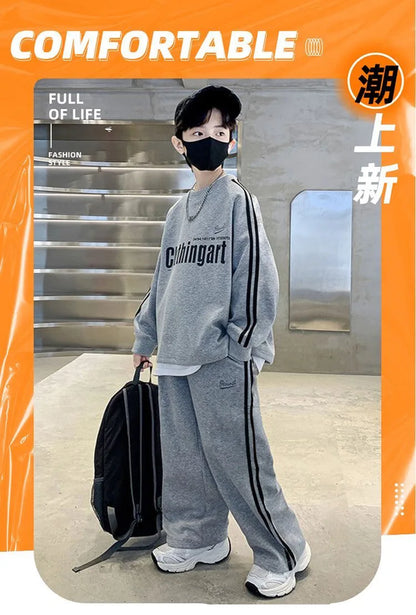 Teenager boys Suit autumn winter Cloth letter striped sweatshirt hooded + wide leg Pants tracksuit 5 8 10 12 Year Child set