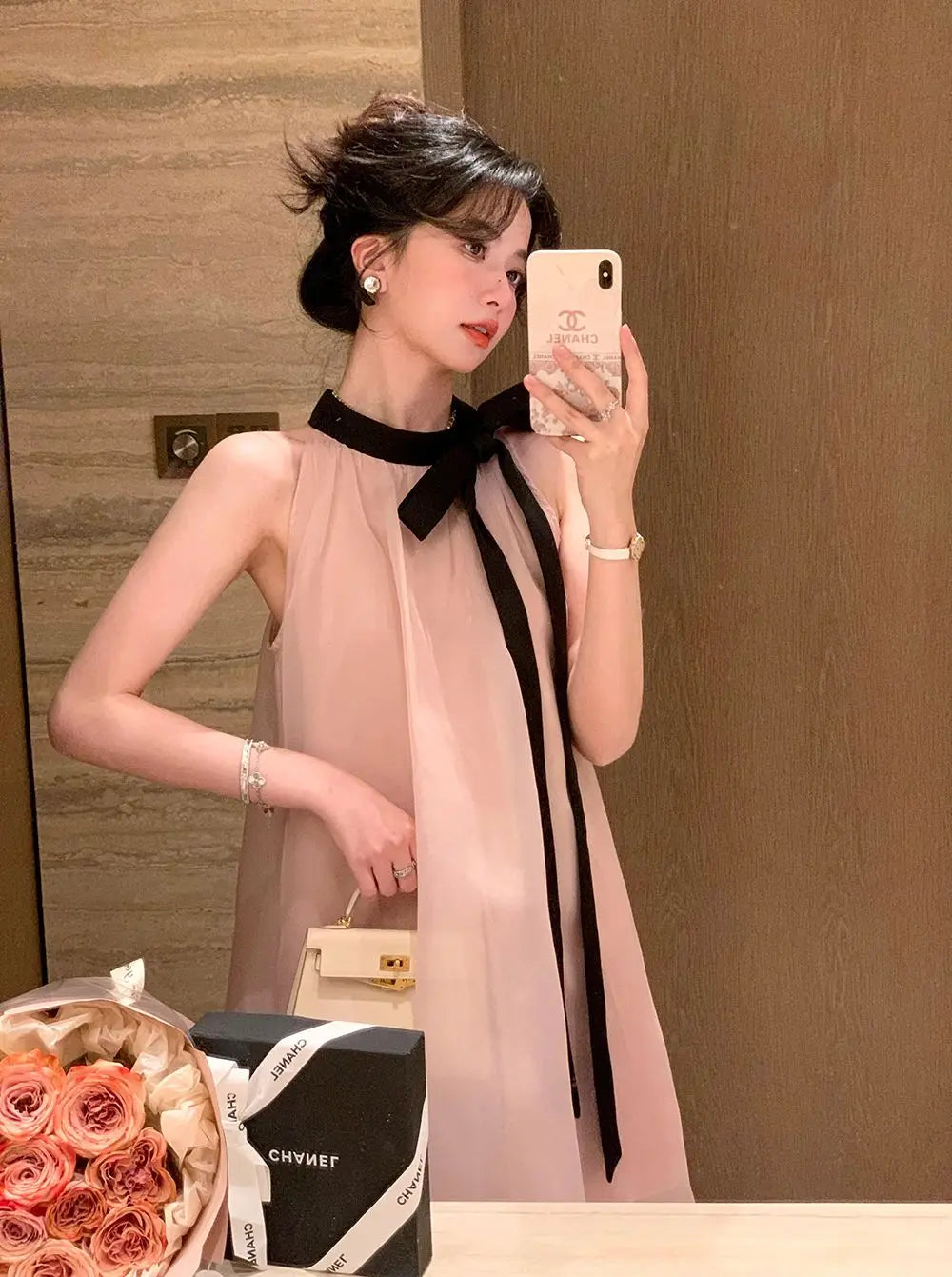 Women's Pink Halter Neck Maxi Dress With Black Bow Detail Sheer Chiffon Flowy Resort Party Dress