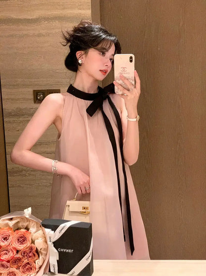 Women's Pink Halter Neck Maxi Dress With Black Bow Detail Sheer Chiffon Flowy Resort Party Dress