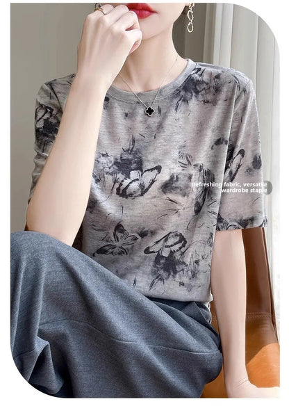 Retro Tie Dye Print Silk Wool ort Sve T irt Women Summer Loose Slimming Thin  Silk f Sve Top