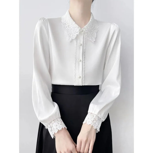 Lapel Lace Hollow Stitching Top Satin Shirt Women's Long-sleeved Temperament Autumn