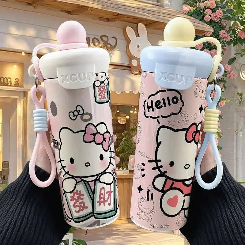600ml Sanrio Hello Kitty Vacuum Thermos Cup SS316 Insulated Coffee Mug with Lifting Rope Portable Outdoor Drinking Water Kettle