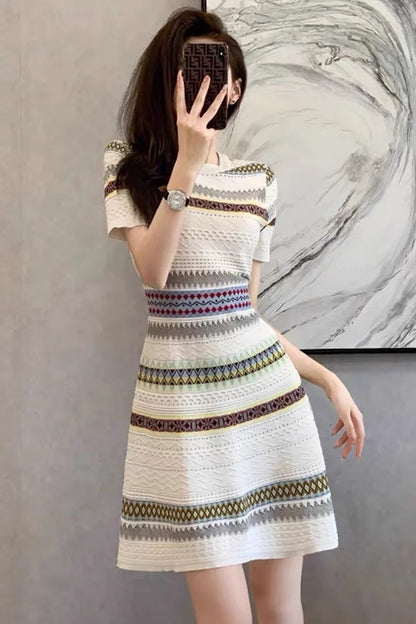 Women's Summer Knitted Dress 2025 Fashion Elegant Short Sleeve Striped Jacquard Dress W445