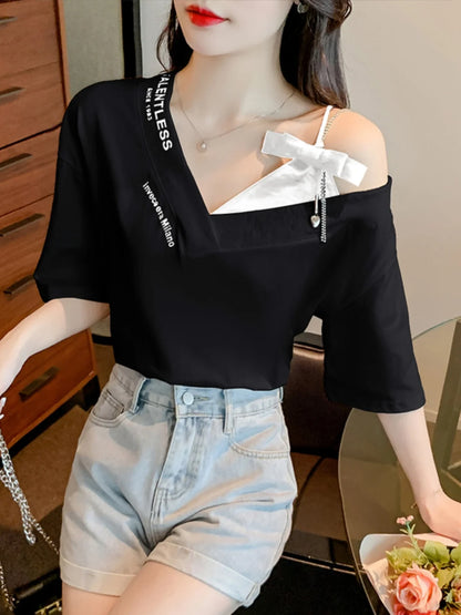 Unique Design oulder Bared ort Sve V-Ne Loose T-irt for Women  Knot Print Splice Asymmetrical Korean Sle