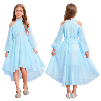 Kids Girls Elegant Party Dress Halter Off-shoulder High Waist Ruffled Chiffon Dresses Wedding Birthday Pageant Evening Prom Gown