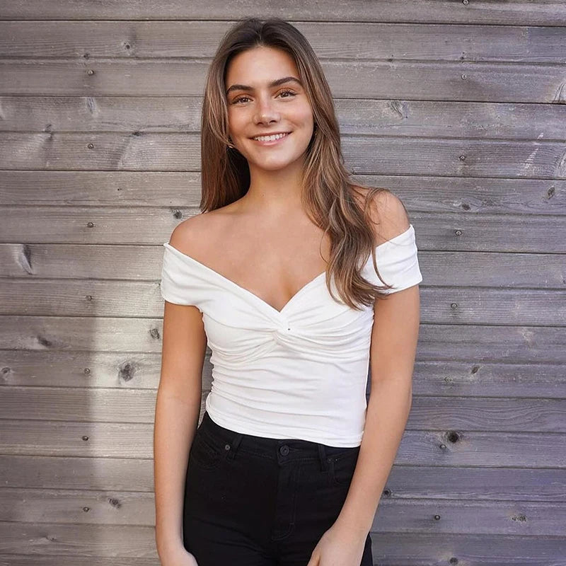 Faionable Pure Color Knot Fold over One oulder ort Crop Top T-irt Street Sle Slim Fit Polyester Summer New Arrival