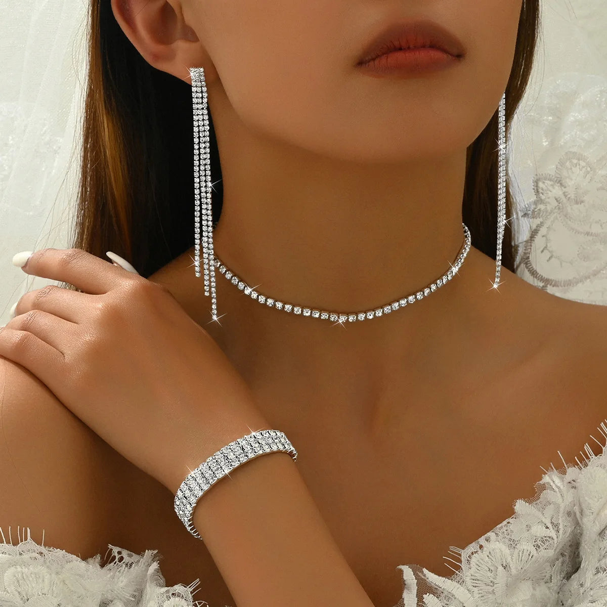 Women Shiny Long Tassel Earrings Choker Bracelet Collarbone Chain Party Cocktail Evening Prom Fashion Accessories