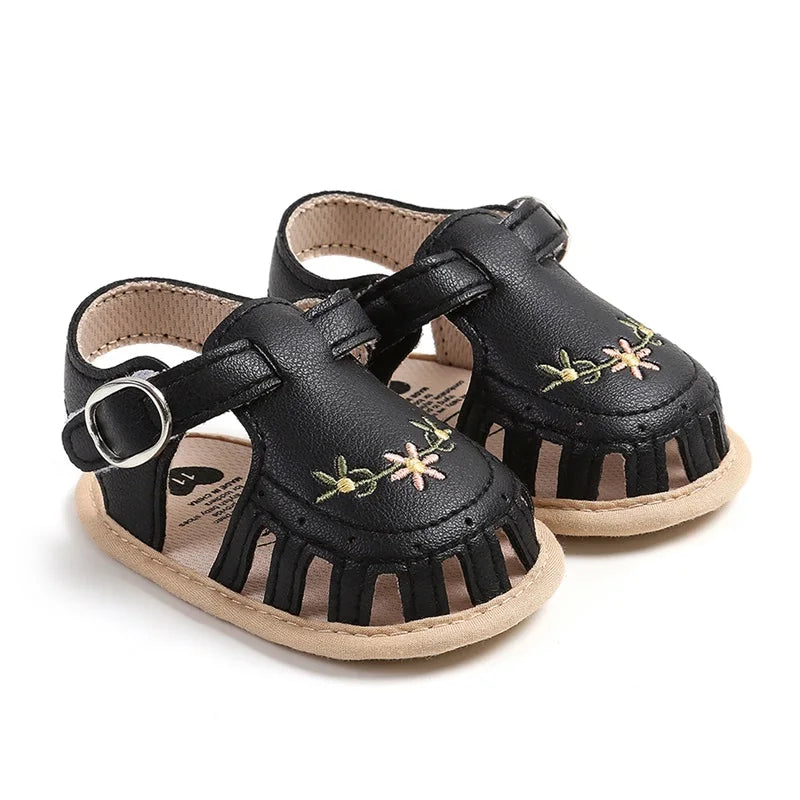 Newborn Infant Baby Girl PU Leather Embroidery Flower Sandals Summer Soft Sole Flat Princess Shoes Infant Non-Slip First Walkers