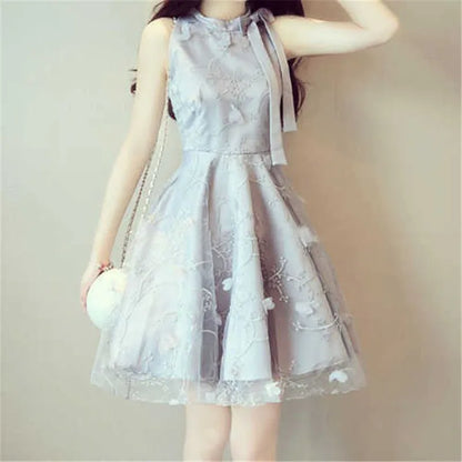 Elegant Floral Jacquard Embroidery Party Dress New Summer Women Tie Bow Mesh Dress Lady High Waist Short Sleeveless Tank Dresses