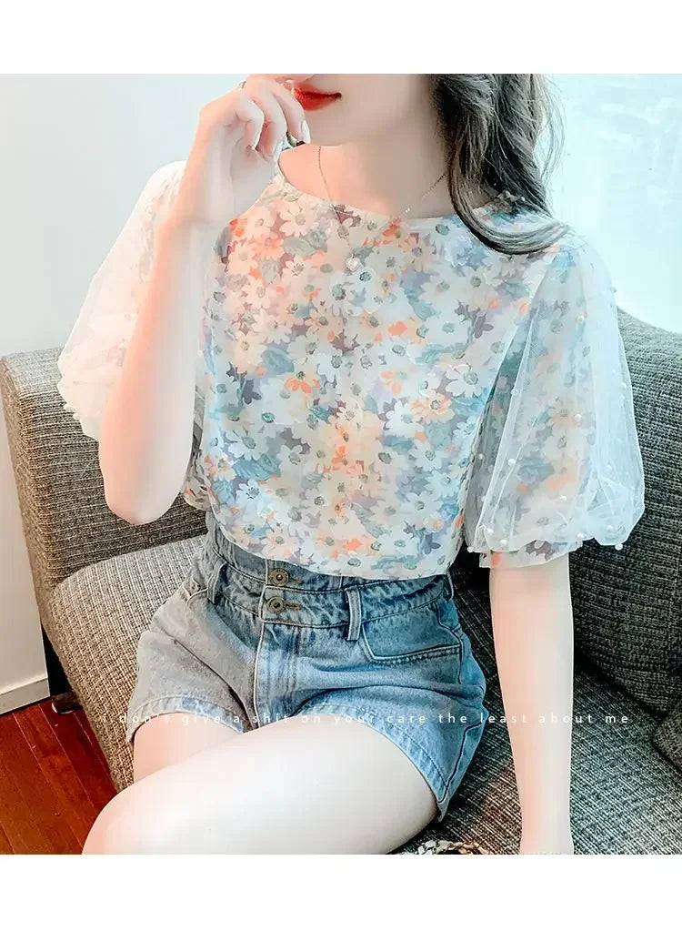 Floral Short-sleeved Chiffon Women's New Puff Sleeve Top Chic and Fashionable Shirt