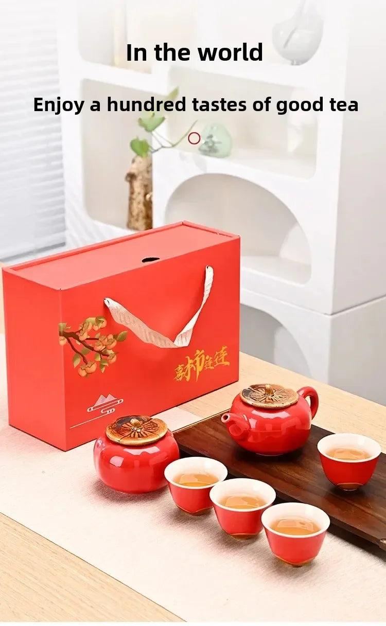 Auspicious Red Ceramic Tea Set Gift Box - Chinese New Year Wedding Corporate Gifts, Good Fortune Design Teapot & Cups