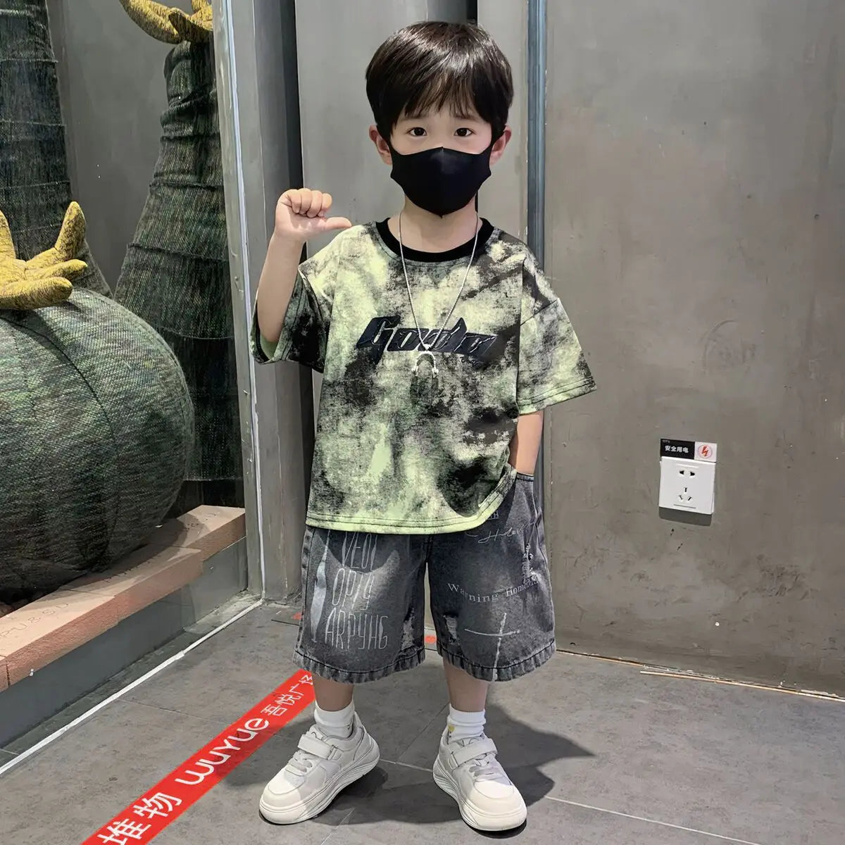 Korean Boys Summer Children's Top and Bottom 2PC Sets Short Sleeve T-Shirt & Denim Shorts Kids Clothes 1-7 Years Black Toddler