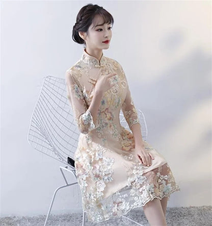 Spring Autumn Female Cheongsam Style Long Dresses Women Half Sleeve Lmproved Maxi Dress 2025 Ladies Fashion Solid Color Vestidos