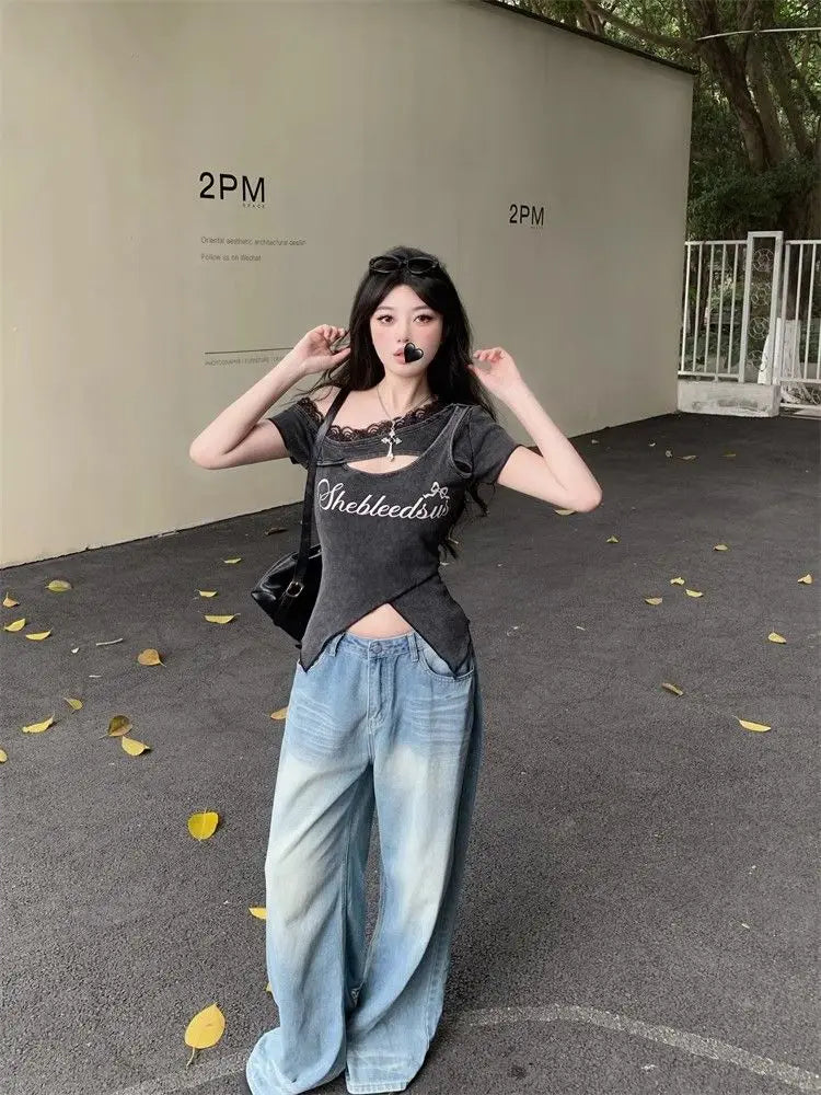 Onalippa 2026 Korean Design Niche Sweet Spicy Girl Lace Edge Hollow Out Vintage Short Sleeved T-shirt Summer Letter Printed Top