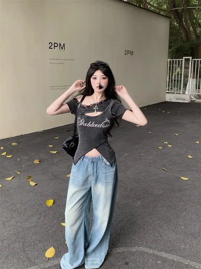 Onalippa 2026 Korean Design Niche Sweet Spicy Girl Lace Edge Hollow Out Vintage Short Sleeved T-shirt Summer Letter Printed Top