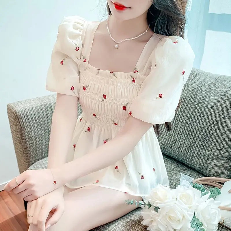 All-match Flower Printing Square Collar Shirring Chiffon Summer Pullover Puff Short Sleeve T-shirt Casual Women's Clothing Tops