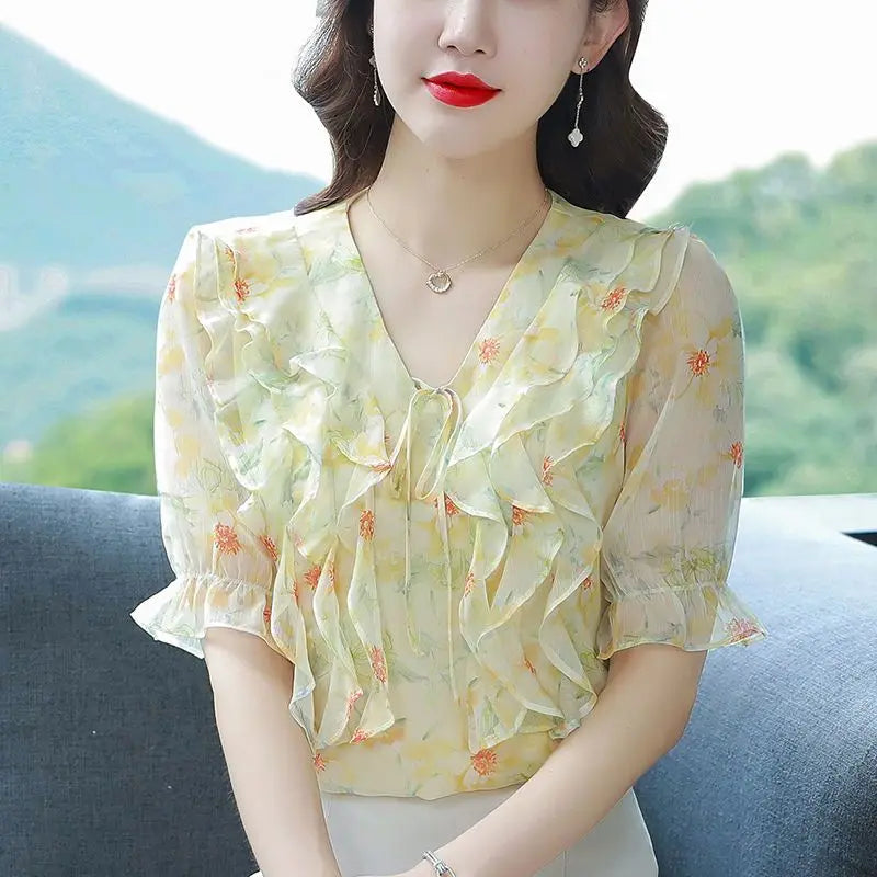 Fashion Printed Spliced Lace Up Bow Ruffles Floral Blouse Women's Clothing Summer New Casual Pullovers Loose Sweet Shirt