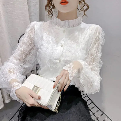 Blouse Women Shirt Lace Long Sleeve Women's Clothing Spring Lantern Sleeve Stand Collar Cardigan Top Blusas Mujer De Moda