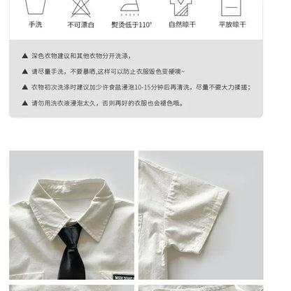 Teens Boys Summer Set Children's Wear Thin 2025 New Handsome British Style Boy White Cotton Short Sleeved Shirt+Black Shorts+Tie