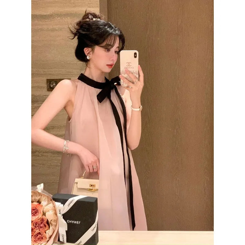 Women's Pink Halter Neck Maxi Dress With Black Bow Detail Sheer Chiffon Flowy Resort Party Dress