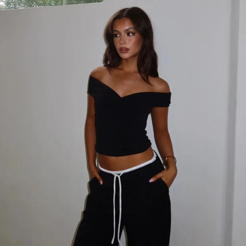 Faionable Pure Color Knot Fold over One oulder ort Crop Top T-irt Street Sle Slim Fit Polyester Summer New Arrival