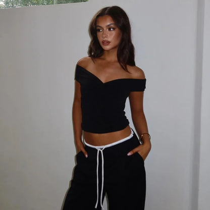 Faionable Pure Color Knot Fold over One oulder ort Crop Top T-irt Street Sle Slim Fit Polyester Summer New Arrival