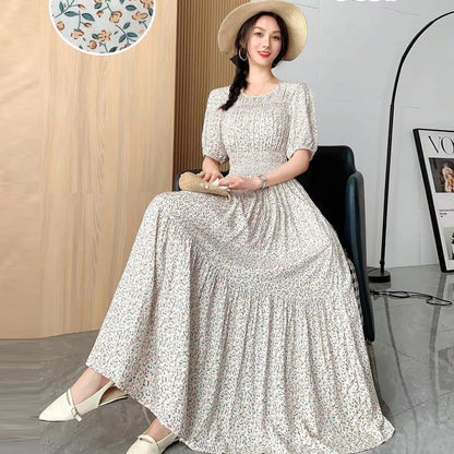 Summer New Cotton Silk Dr Casual High Waist Floral Print Beachwear Outerwear Slimming Waist Long Skirt A-Line Gown
