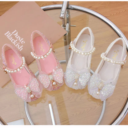 Glitter Girls' Dress Shoe with Wedding Ceremony Party White Sequin Shoes Heeled Children Bow High Heels Girls Shoes Princess New