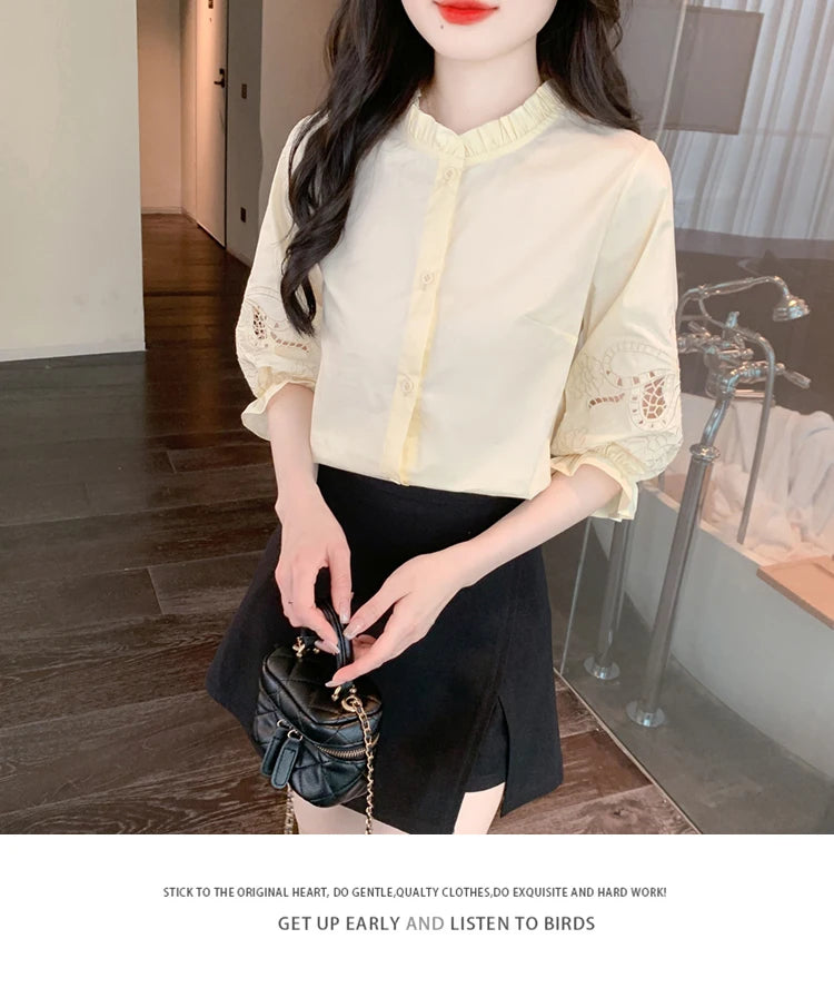 Ele Embroidered ort Sve irt Women's Summer New Design Korean Sle Commute Lantern Sve White irt for Ladies