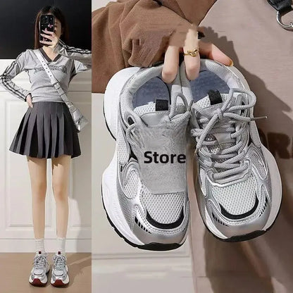 Dad Sneakers Women's Spring Summer 2025 New Style Versatile White Thick Bottom Heightening Running Sports Shoes