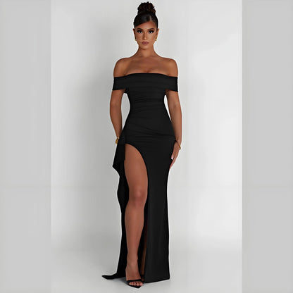 Elegant Evening Dress Pure Color Off-Shoulder Women's Sexy High Waist Side Slit Long Dress Formal Mcxi Women's Party Evening Dress
