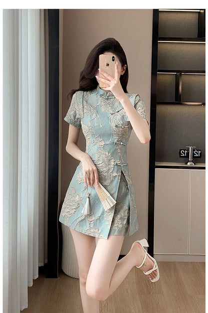 Faionable  Outfit Stand Collar Side Button Mid-Length irt orts Two-Piece Set New 2025 Versatile Nylon Material