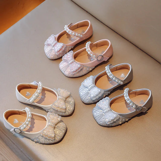 Children's Leather Shoes Bling Sequins Bowknot Princess Shoes for Girls Sweet Chic Kids Causal Wedding Shoes Shallow Versatile