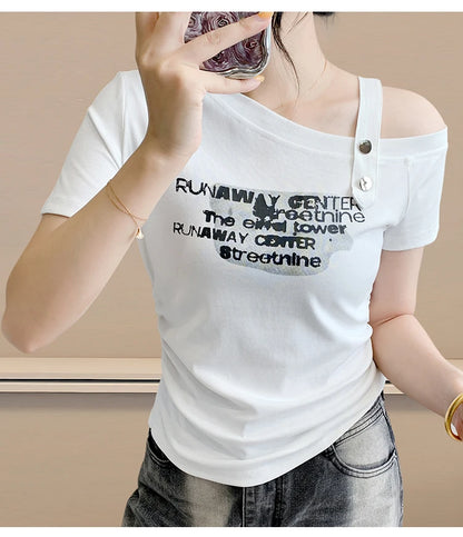 Sexy oulder Bared T irt Women's ort Sve Asymmetrical Collar Faionable Slimming Top Korean Sle Cotton Blend Summe...