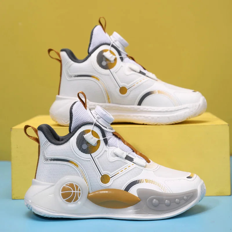 Children Basketball Shoes Boys Sports Comfortable Non Slip Flat Fitness Shoes  New Rotating Button Sports Sneakers for Kids