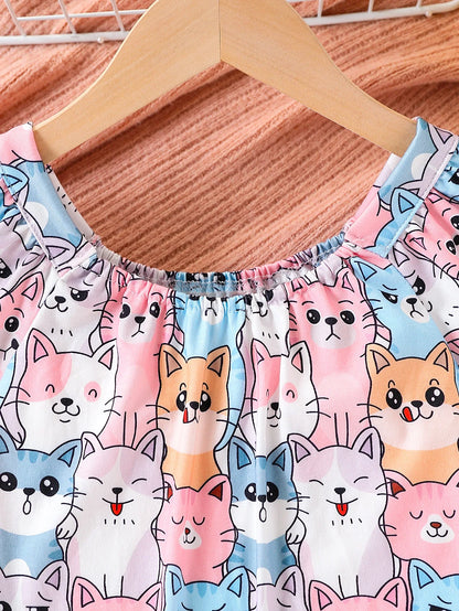 Girls' Summer Dress, Fashionable and Stylish, Elastic Off-The-Shoulder Design, Cartoon Cat Print, Knee-Length Skirt, Little Girl's Summer Casual and Versatile Clothing