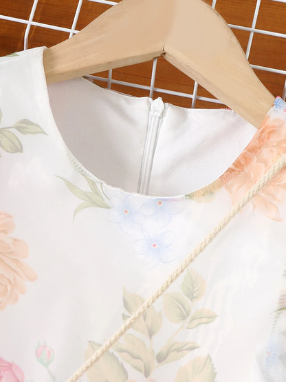 Girl's Summer Princess Dress With Ruffled Bubble Sleeves And Flower Print In Organza For Kids