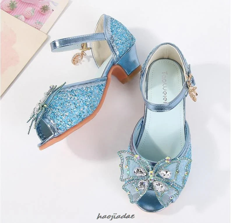 Summer High Heels Shoes for Girls Pageant Kids Sandals Child Mary Jane Shiny Princess Party Dress Up Shoes Purple Gold Pink Blue