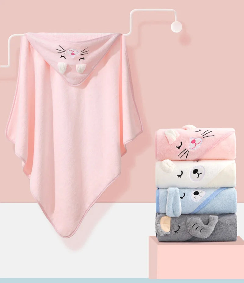 0-3 Years Unisex Baby Bathrobe Flannel Cape Cartoon Boys Girls Hooded Bathrobe Newborn Shower Gift Wrap Swaddling Bath Towel (Available)