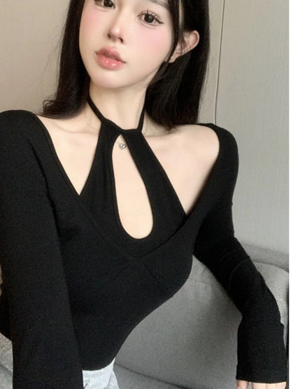 Sexy Spicy Girl Hollow out Long Sve Ne Hanging T-irt Women's Slimming Base irt Trendy Top Korean Sle round Ne