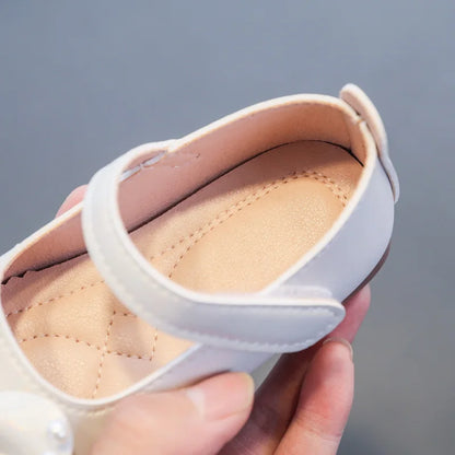 Girl's Leather Shoes Casual Simple Bowtie with Pearls 2024 New Flat Shoes Soft Sole Baby Kids Dress Shoes Children Party Flats