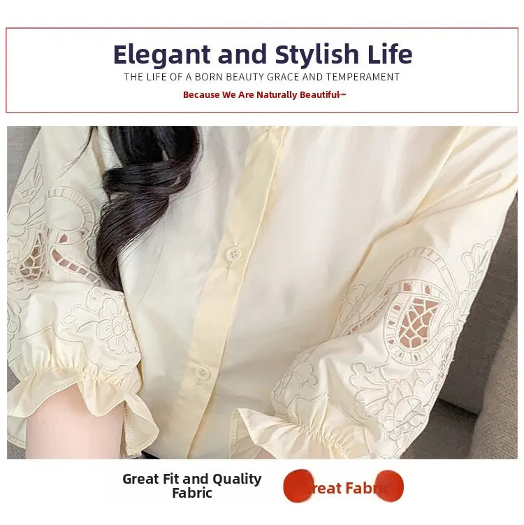 Ele Embroidered ort Sve irt Women's Summer New Design Korean Sle Commute Lantern Sve White irt for Ladies
