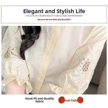 Ele Embroidered ort Sve irt Women's Summer New Design Korean Sle Commute Lantern Sve White irt for Ladies