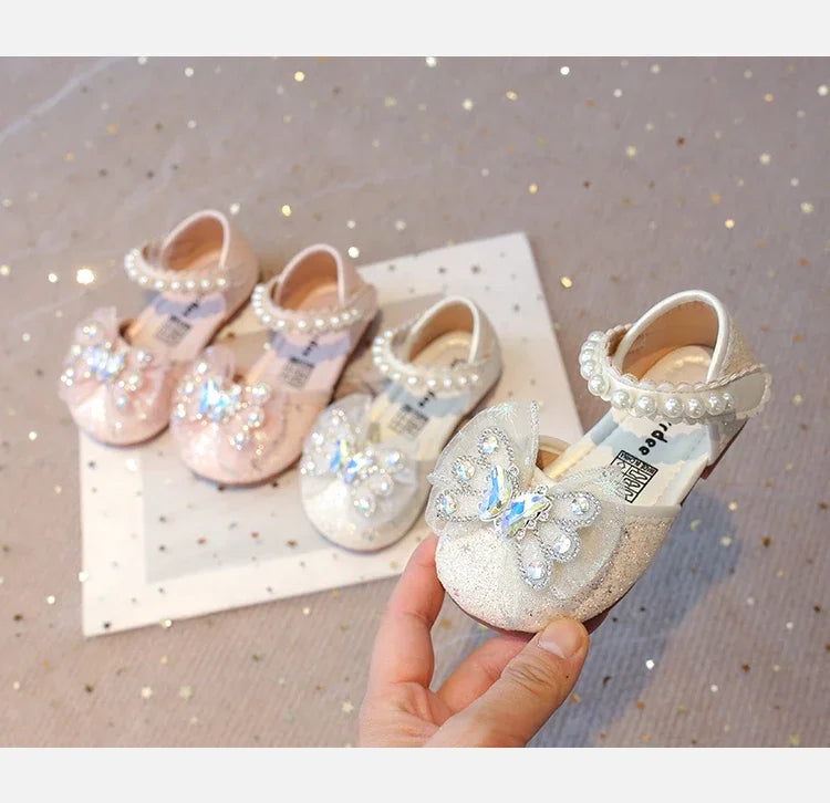 Baby Girls Leather Shoes  Spring Summer Children Casual Half Sandals Sequins with Crystal Butterfly Fashion Princess Sweet